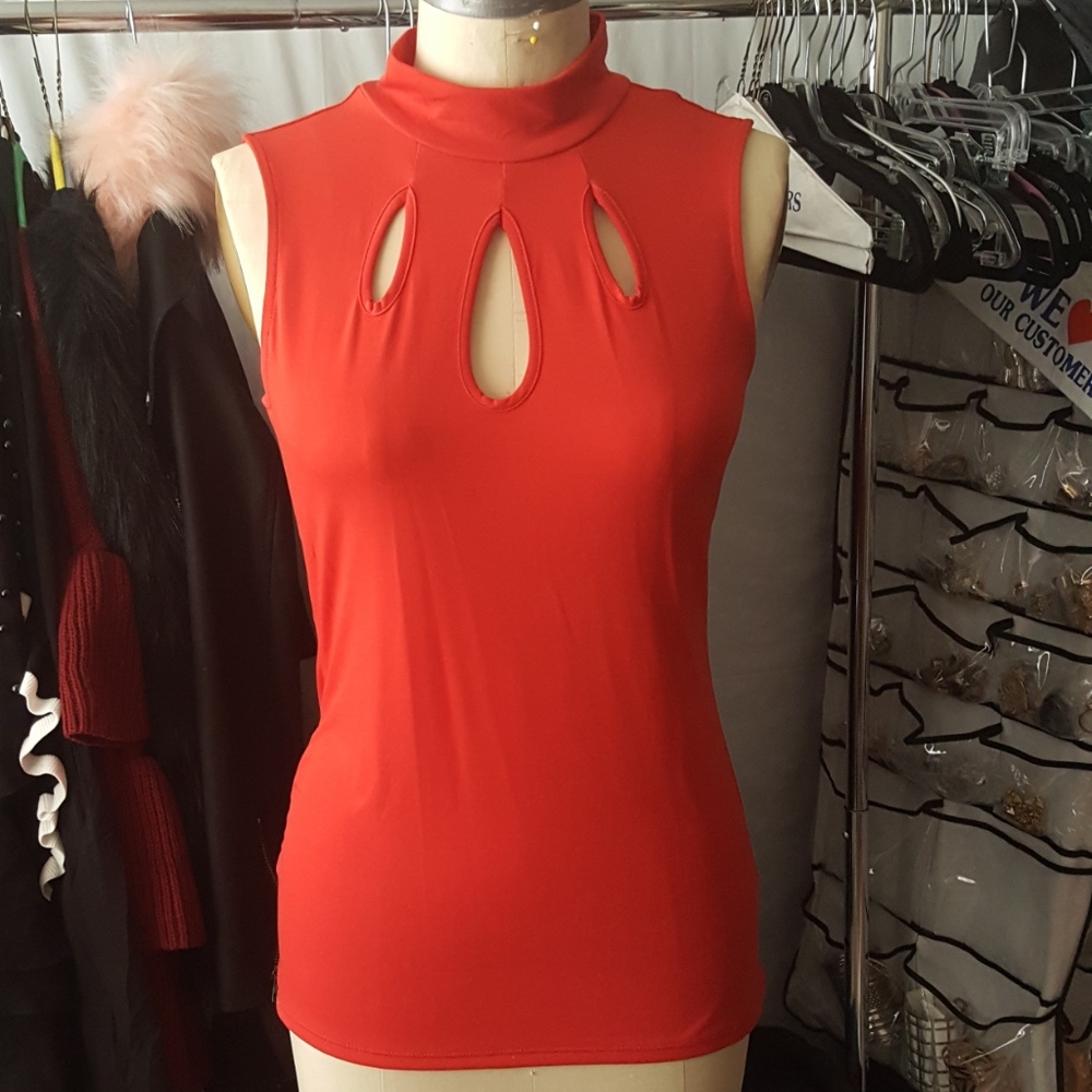 New! Keyhole Mock Neck Sleeveless Shirt Top